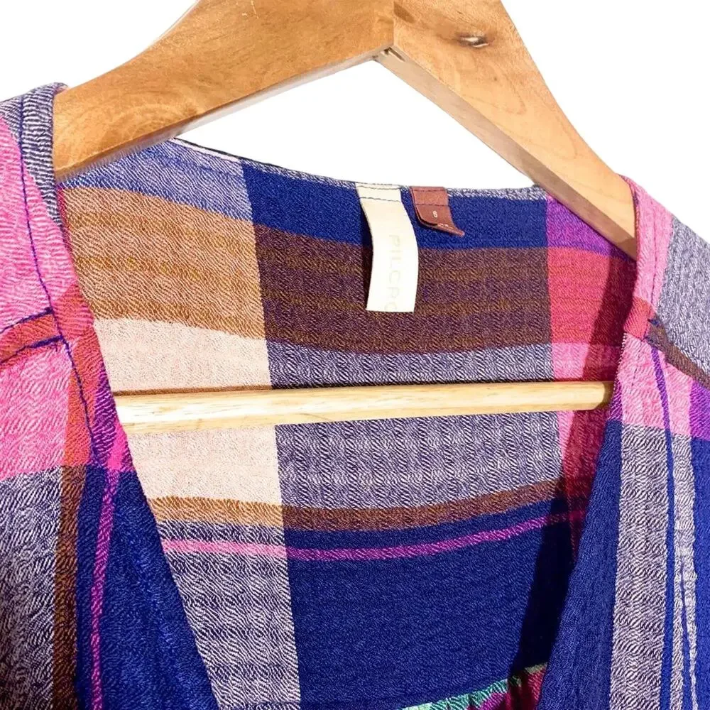 Pilcro Anthropologie Plaid Peplum Smocked Waist Long Sleeve Top Pink Navy Small